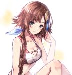  1girl bangs bikini blue_eyes blue_ribbon braid breasts brown_hair cleavage closed_mouth commentary_request eyebrows_visible_through_hair feathers granblue_fantasy hair_feathers hair_ornament hair_over_shoulder hair_ribbon hand_in_hair highres kuroi_mimei leaning_forward leona_(granblue_fantasy) light_blush long_hair looking_at_viewer medium_breasts parted_bangs red_bikini ribbon single_braid sitting smile solo swimsuit 