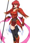  1girl armor bare_thighs black_choker black_legwear breasts choker collarbone fingerless_gloves fire_emblem fire_emblem:_mystery_of_the_emblem gloves green_headband halcon headband highres holding holding_spear holding_weapon large_breasts looking_at_viewer minerva_(fire_emblem) pelvic_curtain pink_ribbon polearm red_armor red_eyes red_hair ribbon short_hair shoulder_armor simple_background skindentation smile solo spear thighhighs vambraces weapon white_background 