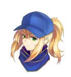  1girl artoria_pendragon_(all) blonde_hair blue_headwear dmitriy_samarkin eyebrows_visible_through_hat fate/grand_order fate_(series) green_eyes hat long_hair mysterious_heroine_x ponytail portrait sidelocks simple_background solo white_background 