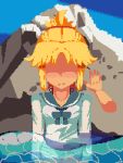  1girl blonde_hair blush embarrassed fate/grand_order fate_(series) mordred_(fate)_(all) mordred_(swimsuit_rider)_(fate) partially_submerged pixel_art pov pov_hands random_dot sailor_collar shirt short_ponytail sidelocks solo wall_slam water white_shirt 