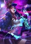  1girl abigail_diaz akali baseball_cap breasts cleavage crop_top cropped_jacket hat idol jacket k/da_(league_of_legends) k/da_akali league_of_legends looking_at_viewer makeup mask midriff navel open_clothes ponytail single_thighhigh solo thighhighs 