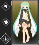  1girl aqua_hair bangs barefoot black_shirt black_shorts blue_eyes blunt_bangs commentary covered_mouth dolphin_shorts domino_mask english_text gameplay_mechanics green_hair headgear highres inkling long_hair looking_at_viewer mask pointy_ears shirt short_shorts shorts solo splatoon_(series) splatoon_1 splattershot_(splatoon) squidbeak_splatoon standing standing_on_one_leg sukeo_(nunswa08) tentacle_hair very_long_hair vest yellow_vest 
