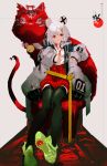  1girl animal_ears black_legwear coat copyright_request green_footwear grey_coat grey_hair hair_ornament hairclip hakama_pants highres long_sleeves looking_at_viewer mouse_ears open_clothes open_coat red_eyes red_shorts shoes shorts sitting smile so-bin solo thighhighs torii 