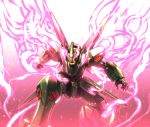  beam crossbone_gundam_ghost energy glowing glowing_eyes glowing_mouth gradient gradient_background gundam highres ishiyumi mecha no_humans one_knee phantom_gundam 