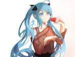  1girl ahoge alternate_costume blue_eyes blue_hair chinese_commentary eating food fruit hatsune_miku highres holding holding_food holding_fruit jijing_zishui long_hair looking_down solo twintails very_long_hair vocaloid watermelon watermelon_seeds 