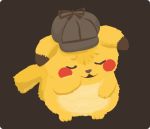  closed_eyes commentary deerstalker detective_pikachu detective_pikachu_(character) detective_pikachu_(movie) full_body gen_1_pokemon grey_headwear hand_up hat no_humans open_mouth pikachu pokemon pokemon_(creature) rizu_(rizunm) solo standing twitter_username wrinkled_frown_(detective_pikachu) 