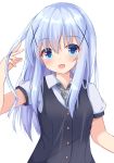  1girl :d bangs black_vest blue_eyes blue_hair breasts collared_shirt commentary_request eyebrows_visible_through_hair gochuumon_wa_usagi_desu_ka? grey_neckwear hair_between_eyes hair_ornament hand_up kafuu_chino kedama_(kedama_akaza) long_hair looking_at_viewer necktie official_alternate_costume open_mouth plaid_neckwear puffy_short_sleeves puffy_sleeves school_uniform shirt short_sleeves simple_background small_breasts smile solo very_long_hair vest white_background white_shirt x_hair_ornament 