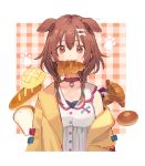  :3 animal_ears bangs blue_bow bone_hair_ornament bow brown_eyes brown_hair buttons cartoon_bone chocolate_cornet collar dog_collar dog_ears dog_girl dog_tail dress food food_in_mouth hair_between_eyes hair_ornament hairclip highres hihara_you hololive inugami_korone jacket long_hair low_twin_braids off-shoulder_jacket red_bow red_collar short_dress tail virtual_youtuber white_dress yellow_jacket 