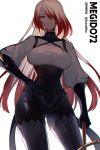  1girl asmodeus_(megido72) breasts copyright_name corset dated dip-dyed_hair fucodoku hair_over_one_eye hand_on_hip highres holding holding_whip large_breasts long_hair looking_down megido72 one_eye_covered red_eyes red_hair solo white_hair 