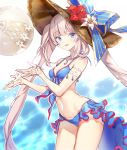  1girl :d ball beachball bikini blue_bikini blue_eyes bow breasts cleavage collarbone cowboy_shot eyebrows_visible_through_hair fate/grand_order fate_(series) flower hat hat_bow hat_flower hibiscus highres jewelry koshika_rina long_hair looking_at_viewer marie_antoinette_(fate/grand_order) marie_antoinette_(swimsuit_caster)_(fate) medium_breasts necklace open_mouth sidelocks silver_hair smile solo stomach sun_hat swimsuit twintails very_long_hair water watermark 