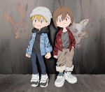  1boy 1girl blonde_hair blue_eyes brown_eyes brown_hair closed_mouth denim digimon digimon_adventure graffiti hat highres jeans looking_at_viewer open_mouth pants patamon short_hair smile tailmon takaishi_takeru tantanmen yagami_hikari 