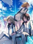  blue_eyes blue_sky brown_eyes brown_hair cloud hatutaro leaning_forward makabe_kazuki mecha minashiro_soushi outdoors sitting sky soukyuu_no_fafner toomi_maya uniform 