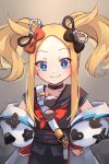  1girl abigail_williams_(fate/grand_order) black_bow black_collar black_sailor_collar blonde_hair blue_eyes blush bow breasts collar cosplay eyewear_hang eyewear_removed fate/grand_order fate_(series) forehead highres jacket long_hair long_sleeves looking_at_viewer miya_(miyaruta) multiple_bows orange_bow sailor_collar sei_shounagon_(fate) sei_shounagon_(fate)_(cosplay) sidelocks small_breasts smile sunglasses twintails white_bag white_jacket 