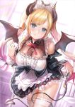  1girl apron bangs blonde_hair blue_eyes blush bow bowtie breasts cleavage collarbone demon_girl demon_horns demon_tail demon_wings detached_sleeves dress eyebrows_visible_through_hair frilled_apron frills garter_straps hololive horns indoors large_breasts lips long_hair long_sleeves looking_at_viewer maid maid_headdress pointy_ears qian_wu_atai red_bow ribbon-trimmed_legwear ribbon_trim smile solo tail thighhighs twintails virtual_youtuber waist_apron white_apron white_garter_straps white_legwear wings yuzuki_choco 