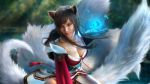  ahri animal_ears asian_clothes breasts japanese_clothes kitsune league_of_legends no_bra open_shirt sevenbees tail wallpaper 