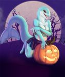  anthro blue_body blue_skin bottlenose_dolphin bottomwear breasts cetacean clothing delphinoid eyelashes fangs female fin food fruit halloween hi_res holidays jack-o&#039;-lantern mammal marine marine_mammal moon oceanic_dolphin phinja plant pumpkin raised_tail skirt solo toothed_whale tree 