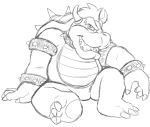  anthro black_and_white bowser cuff_links male mario_bros monochrome nintendo open_mouth scalie simple_background sitting sketch solo spikes teeth_showing thegreatmatsutzu tongue_showing video_games white_background 