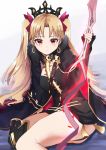  1girl absurdres artist_request asymmetrical_legwear bangs black_dress blonde_hair blush breasts cape dress earrings ereshkigal_(fate/grand_order) fate/grand_order fate_(series) gold_trim highres hood hooded_cape hoop_earrings huge_filesize infinity jewelry long_hair looking_at_viewer medium_breasts meslamtaea_(weapon) parted_bangs polearm short_dress single_thighhigh sitting skull spear spine thighhighs thighs tiara two_side_up weapon 