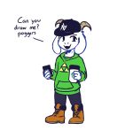  anthro asriel_dreemurr baseball_cap boots boss_monster bottomwear bovid caprine cellphone clothed clothing coffee_cup crackers curved_horn dialogue english_text floppy_ears footwear fully_clothed fur green_clothing hat headgear headwear holding_object holding_phone hoodie horn looking_at_viewer male mammal meme nintendo open_mouth pants phone poggers simple_background smartphone smile solo starbucks talking_to_viewer text the_legend_of_zelda timberlands topwear triforce undertale video_games white_background white_body white_fur young 