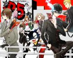  4boys 4girls akechi_gorou amamiya_ren bangs black_gloves black_hair black_legwear black_neckwear black_pants blonde_hair blue_eyes blue_hair brown_eyes calling_card cat_mask closed_eyes crossed_legs fang fire glasses gloves graffiti grin hand_in_pocket highres jacket kitagawa_yuusuke long_hair long_sleeves mask morgana_(persona_5) multiple_boys multiple_girls necktie niijima_makoto off_shoulder okumura_haru pants pantyhose persona persona_5 plaid plaid_pants plaid_skirt red_legwear sakamoto_ryuuji sakura_futaba school_uniform short_hair shuuchiin_academy_uniform sitting skirt skull_mask smile takamaki_anne twintails yuu_(isis7796) 