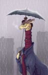  28gooddays badday28 brown_hair city clothing cloven_hooves giraffe giraffid green_eyes hair hi_res holding_object hooves jacket mammal melancholic raining scarf solo topwear umbrella 