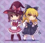  2girls apron ascot bangs black_bow black_footwear black_ribbon black_shirt black_skirt blonde_hair boots bow braid breasts brown_eyes brown_footwear brown_hair buttons collared_shirt cosplay costume_switch detached_sleeves eyebrows_visible_through_hair frilled_bow frilled_hair_tubes frills full_body gloves hair_bow hair_tubes hakurei_reimu hakurei_reimu_(cosplay) hand_on_hip hand_on_own_face hat hat_bow highres japanese_clothes kirisame_marisa kirisame_marisa_(cosplay) long_hair looking_at_viewer medium_hair miko multiple_girls open_mouth puffy_short_sleeves puffy_sleeves purple_neckwear red_bow red_headwear red_shirt red_vest ribbon ribbon-trimmed_clothes ribbon-trimmed_skirt ribbon-trimmed_sleeves ribbon_trim sandals shippou_(pattern) shippou_background shirt short_sleeves skirt smile socks touhou twin_braids unime_seaflower vest waist_apron white_gloves white_legwear white_ribbon white_shirt white_sleeves wide_sleeves witch_hat yellow_eyes 