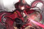  1girl artia_(pixiv_fantasia_last_saga) black_gloves black_hair breasts cape cleavage fur_trim gloves hatutaro holding holding_sword holding_weapon horns long_hair medium_breasts multicolored_hair pixiv_fantasia pixiv_fantasia_last_saga red_cape red_eyes red_horns smile standing sword two-tone_hair upper_body weapon 