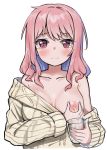  1girl absurdres bang_dream! bare_shoulders breasts collarbone commentary embarrassed frown highres lactation large_breasts looking_at_viewer maruyama_aya one_breast_out pink_eyes pink_hair ribbed_sweater seojinhui sweater 