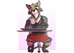  2020 anthro black_body black_fur bottomwear brown_body brown_fur chair civet clothed clothing cup fully_clothed fur furniture gradient_background hi_res holding_cup holding_object male mammal rob_(robcivecat) shirt shorts simple_background sitting solo tank_top topwear viverrid zhan 