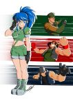  1girl 3boys absurdres bandana baseball_cap blue_hair boots clark_still crop_top eyepatch full_body gloves hat heidern highres jacket joaoh_artworks leona_heidern midriff multiple_boys ponytail ralf_jones sunglasses the_king_of_fighters 