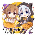  2girls :d black_capelet blue_eyes blush brown_eyes brown_hair capelet eyebrows_visible_through_hair fang folded_ponytail full_body ghost hair_between_eyes halloween halloween_costume hammer_and_sickle hat hibiki_(kantai_collection) highres hood hooded_capelet inazuma_(kantai_collection) kantai_collection kashiwadokoro long_hair multiple_girls open_mouth orange_shorts orange_skirt paw_print shirt short_sleeves shorts silver_hair skin_fang skirt smile sparkle star_(symbol) star_print tail verniy_(kantai_collection) white_shirt witch_hat 