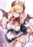  1girl apron bangs blonde_hair blue_eyes blush bow bowtie breasts cleavage collarbone demon_girl demon_horns demon_tail demon_wings detached_sleeves dress eyebrows_visible_through_hair frilled_apron frills garter_straps glasses hololive horns indoors large_breasts lips long_hair long_sleeves looking_at_viewer maid maid_headdress parted_lips pointy_ears qian_wu_atai red-framed_eyewear red_bow ribbon-trimmed_legwear ribbon_trim smile solo tail thighhighs twintails virtual_youtuber waist_apron white_apron white_garter_straps white_legwear wings yuzuki_choco 