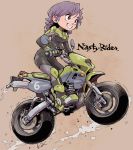  1girl beige_background black_eyes black_hair bodysuit clenched_teeth english_text ground_vehicle kiichi medium_hair motor_vehicle motorcycle original solo teeth 