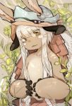  1other ambiguous_gender animal_ears bangs bunny_ears ears_through_headwear fangs furry hair_between_eyes helmet highres hiranko horizontal_pupils horned_helmet leaf long_hair made_in_abyss nanachi_(made_in_abyss) sidelocks solo whiskers white_hair yellow_eyes 