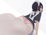  1girl apron ass black_hair bow commentary from_behind hair_bow looking_back lying maid maid_apron maid_headdress on_stomach original panties pink_panties purple_eyes simple_background solo thighhighs twintails underwear unimon_e white_legwear 