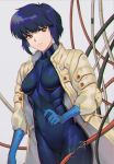  1girl bangs black_hair blue_bodysuit blue_gloves bodysuit breasts closed_mouth collar eyebrows_visible_through_hair ghost_in_the_shell gloves grey_background highres jacket kusanagi_motoko looking_at_viewer medium_breasts open_clothes red_eyes reiji-rj short_hair simple_background solo standing upper_body white_jacket wire zipper zipper_pull_tab 