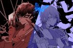  2boys akechi_gorou amamiya_ren bangs bird bug butterfly card chain cuffs dagger epaulettes gloves gun hair_between_eyes handcuffs holding holding_dagger holding_gun holding_mask holding_weapon insect jacket long_sleeves male_focus mask multiple_boys persona persona_5 simple_background smile tarot upper_body weapon yuu_(isis7796) 