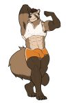  abs anthro armpit_hair biceps biped black_hair black_nose body_hair bottomwear brown_body brown_fur brown_hair bulge canid canine claws clothing dipstick_tail facial_markings fur gloves_(marking) hair hands_behind_head head_markings hi_res highlights_(coloring) himbo himbo_hooters hotpants kintama_ryo light_brown_fur long_tail male mammal markings midriff multicolored_body multicolored_fur multicolored_tail muscular muscular_anthro muscular_male name_tag nipple_outline pinup pose purpledragonrei quads raccoon_dog shirt shorts simple_background smile smirk solo tank_top tanuki tattoo tattoo_on_chest topwear triceps two_tone_body two_tone_fur white_background white_clothing white_shirt white_topwear 