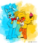  2018 2_toes 3_toes 4_fingers anthro avian beak bib bird blue_body blue_eyes blue_fur blue_hair blue_inner_ear bow_tie buckteeth cherry chest_tuft chicken cupcake duo eyebrows eyelashes feathers female fingers five_nights_at_freddy&#039;s five_nights_at_freddy&#039;s_2 food freckles fruit fur galliform gallus_(genus) girly green_eyes hair half-closed_eyes head_tuft hi_res joaoppereiraus lagomorph leporid looking_at_viewer male mammal narrowed_eyes nude one_eye_closed open_mouth open_smile phasianid plant rabbit red_cheeks semi-anthro smile standing tail_feathers teeth toes toy_bonnie_(fnaf) toy_chica_(fnaf) tuft video_games yellow_body yellow_feathers 