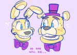  ambiguous_gender anthro black_nose bodily_fluids bow_tie clothing dipstick_ears duo english_text eyebrows eyelashes five_nights_at_freddy&#039;s freckles fredbear_(fnaf) hat headgear headshot_portrait headwear lagomorph leporid male mammal multicolored_ears pink_background portrait rabbit simple_background smile spring_bonnie_(fnaf) sweat text ursid video_games waackery yellow_body 