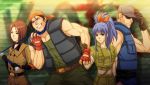  2boys 2girls 83pikoru bandana black_gloves black_hair blonde_hair blue_hair brown_eyes brown_hair clark_still fingerless_gloves gloves green_jacket green_shorts holding holding_arm holding_whip ikari_warriors jacket leona_heidern military military_uniform multiple_boys multiple_girls muscle ponytail ralf_jones red_gloves restrained short_hair shorts smile sunglasses the_king_of_fighters uniform vest whip whip_(kof) 