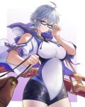  1girl adjusting_eyewear ahoge alternate_costume bag bangs black-framed_eyewear closed_mouth clothing_cutout glasses granblue_fantasy gun handbag highres holding holding_bag jacket multicolored multicolored_clothes multicolored_jacket nos one-piece_swimsuit rifle short_hair shoulder_cutout silva_(granblue_fantasy) silver_hair sniper_rifle standing swimsuit thighs weapon yellow_eyes 