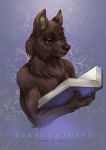  2018 anthro blue_eyes book brown_body brown_fur brown_nose canid canine canis english_text eyebrows flower fur half-closed_eyes hi_res looking_down male mammal muscular muscular_anthro muscular_male narrowed_eyes pimpartist plant reading reading_book simple_background solo text traditional_media_(artwork) wolf 