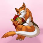 1:1 anthro brown_body brown_fur child claws fluffy fluffy_tail fur hi_res hug link2004 male multicolored_body multicolored_fur open_mouth open_smile orange_body orange_fur plushie sekhmet_(link2004) sergal simple_background sitting smile solo white_body white_fur young 