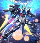  amasaki_yusuke clenched_hands energy_wings flying green_eyes gun gundam gundam_build_fighters highres holding holding_gun holding_weapon looking_at_viewer mecha solo space star_build_strike_gundam v-fin weapon 