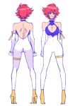 1girl ass breasts character_sheet cleavage cleavage_cutout clothing_cutout cutie_honey cutie_honey_(character) elbow_gloves gloves high_heels jewelry kotobuki_tsukasa large_breasts looking_at_viewer red_eyes red_hair redesign single_earring sketch smile white_gloves 