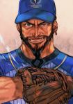  1boy alternate_costume baseball baseball_cap baseball_jersey baseball_mitt baseball_uniform beard black_hair blue_headwear capcom facial_hair grey_eyes hat hungry_clicker male_focus manly muscle mustache open_mouth pitching print_headwear rashid_(street_fighter) simple_background solo sportswear street_fighter street_fighter_v upper_body 