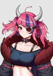  1girl :3 absurdres breasts choker english_commentary eyepatch fang fang_out grey_background highres horns indie_virtual_youtuber ironmouse medium_breasts one_eye_covered pendramon pink_hair purple_eyes solo two_side_up virtual_youtuber 