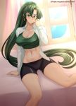  1girl absurdres artist_name ass_visible_through_thighs bed bike_shorts blush breasts cleavage collarbone commentary earrings eyebrows_visible_through_hair fire_emblem green_eyes green_hair hair_between_eyes highres jewelry large_breasts long_hair long_sleeves looking_at_viewer lyn_(fire_emblem) navel open_clothes open_shirt patreon_username ponytail shirt sitting solo very_long_hair vilde_loh_hocen watermark window 