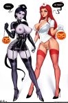  absurdres aroma_sensei breasts cleavage dc_comics elbow_gloves fishnets garter_straps gloves halloween halloween_costume highres holding_hands large_breasts leather mask nurse purple_hair raven_(dc) red_hair starfire thighhighs 